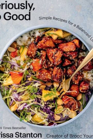 Cookbook Cover: Salmon Bowl with gold fork in the bowl.
