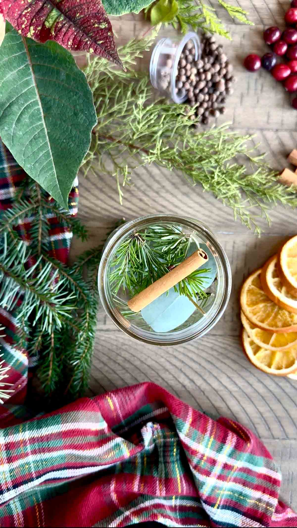 Overhead shot of Winter Simmer Pot Jar with ingredients in the jar, including a cinnamon stick.