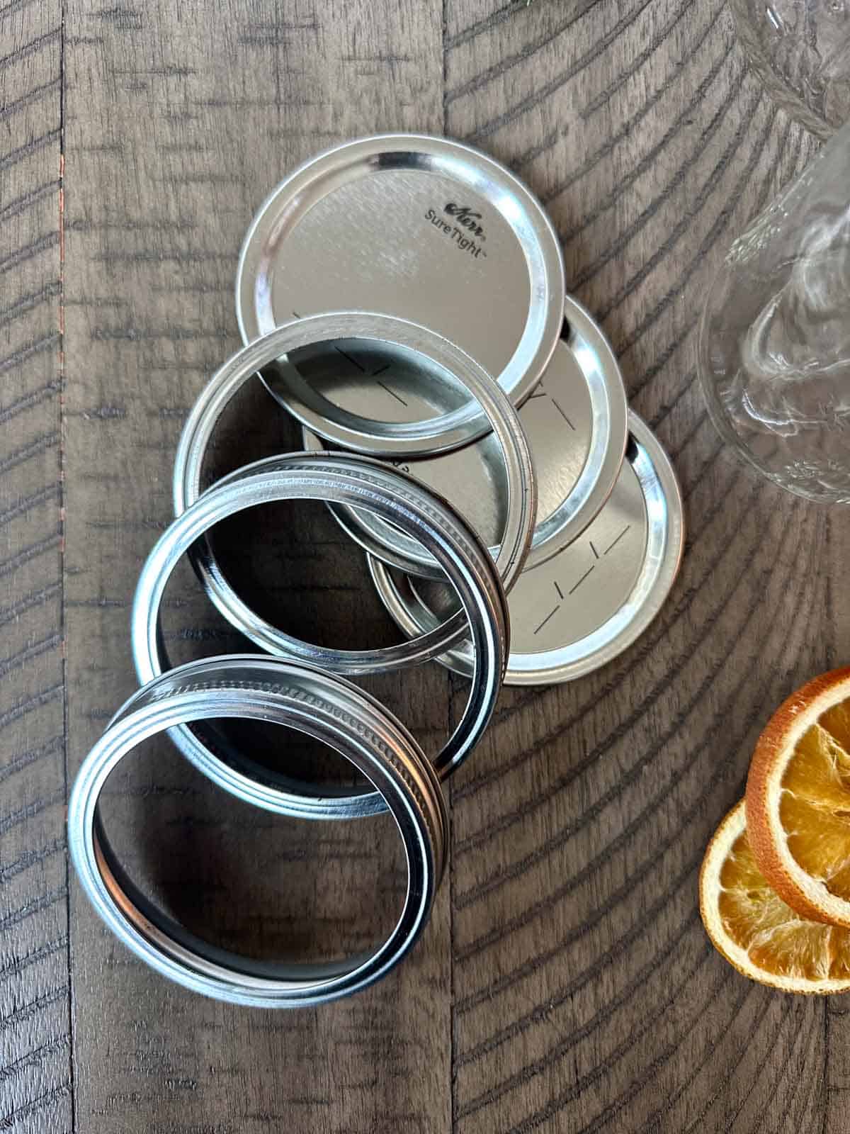Lids and rings for glass canning jars.