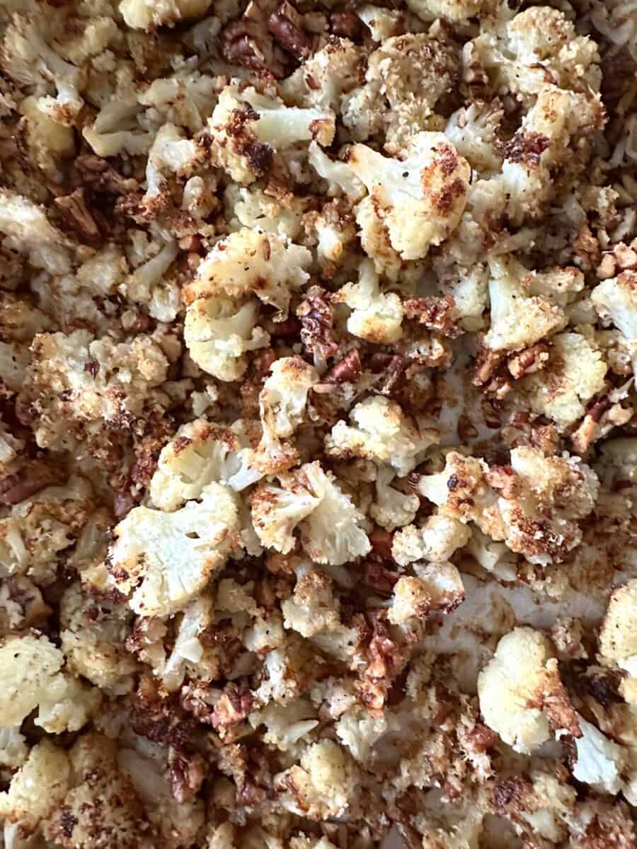 Deeply roasted cauliflower, panko breadcrumbs, pecans, and parmesan cheese.